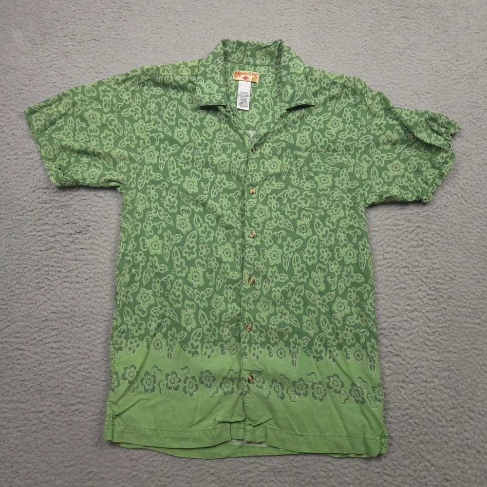 Caribbean Joe Boys L 16/18 Green Floral Rayon Hawaiian Camp Shirt